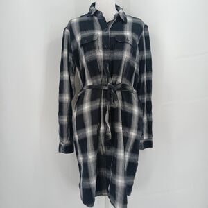 Universal Thread Black White Plaid Long Sleeve Button Down Shirt Dress Belted
